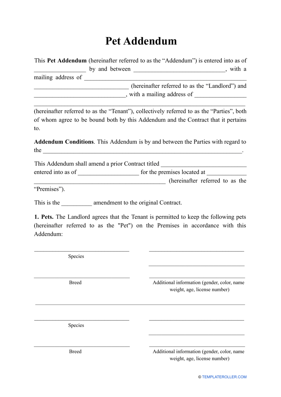 Pet Addendum Template Fill Out, Sign Online and Download PDF