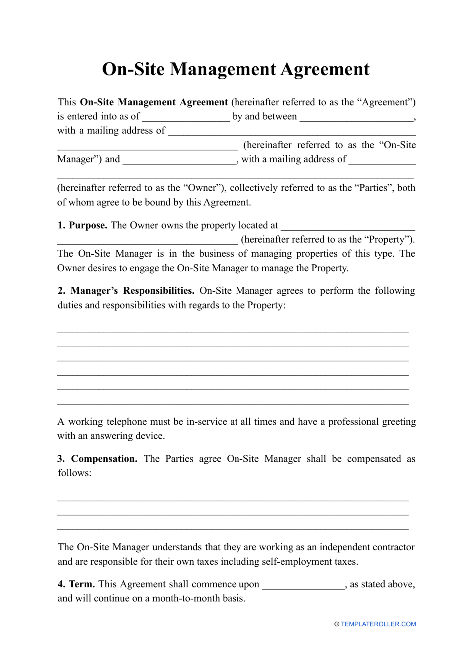 On-Site Management Agreement Template Download Printable PDF Throughout Business Management Contract Template
