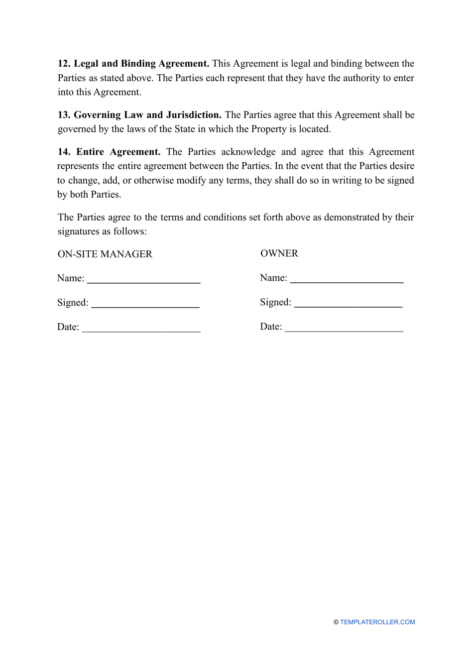 On-Site Management Agreement Template, Page 3