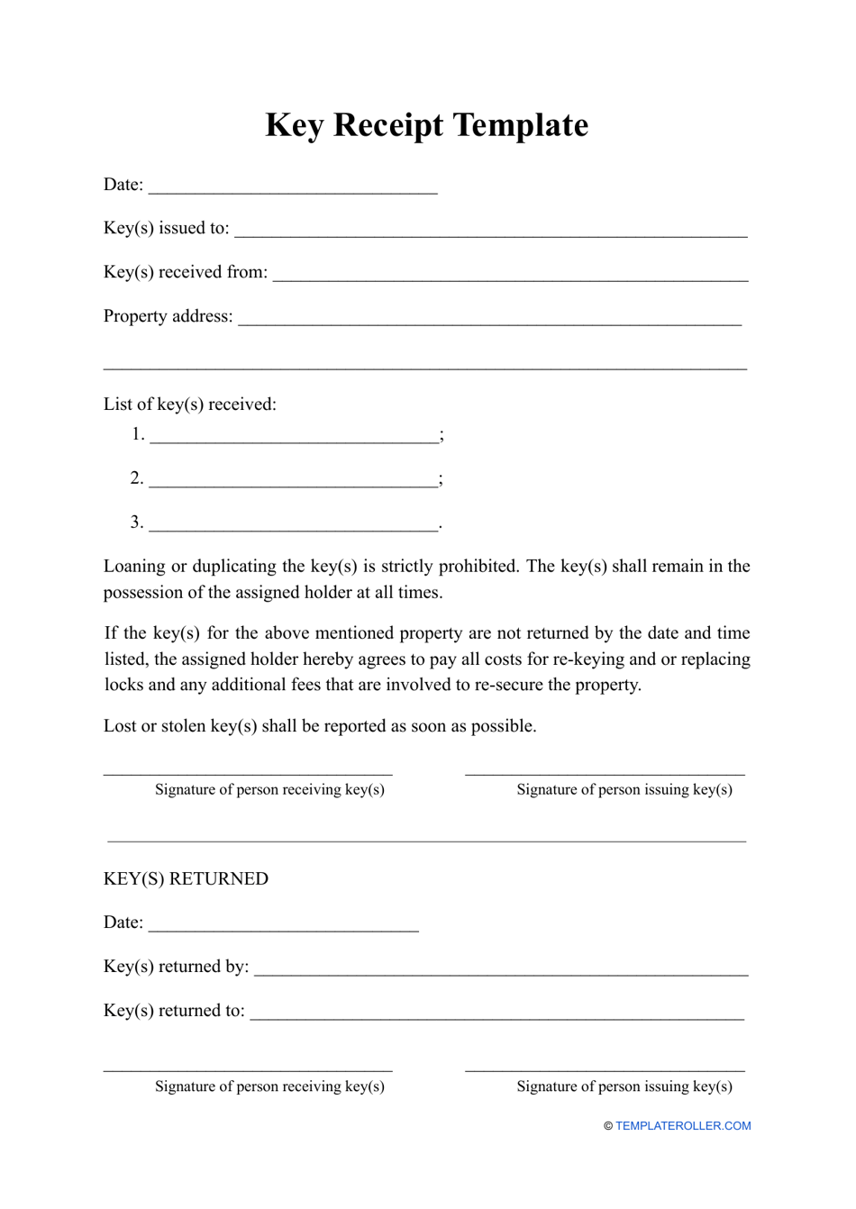 Key Receipt Template Fill Out, Sign Online and Download PDF