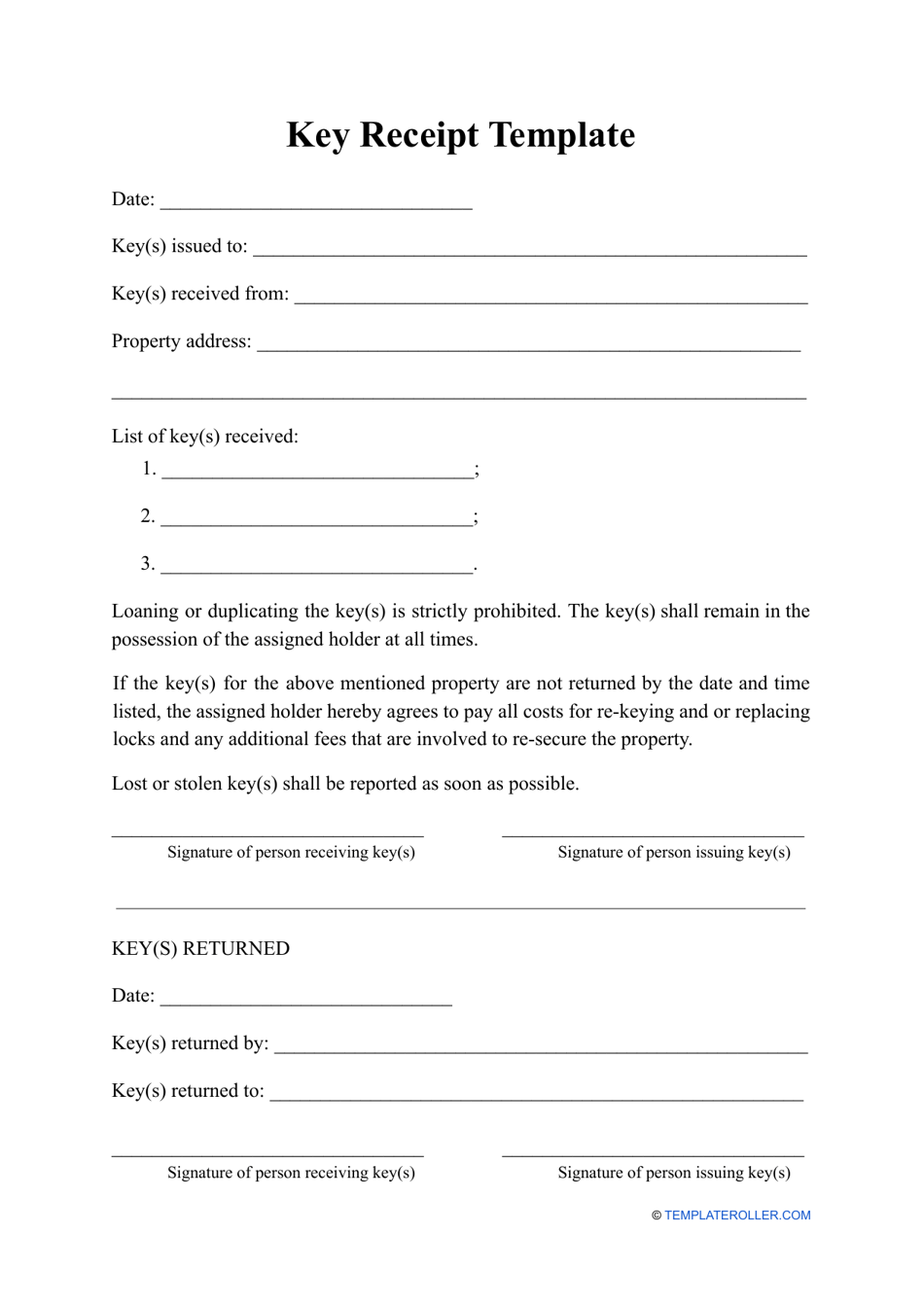 Key Receipt Template, Page 1