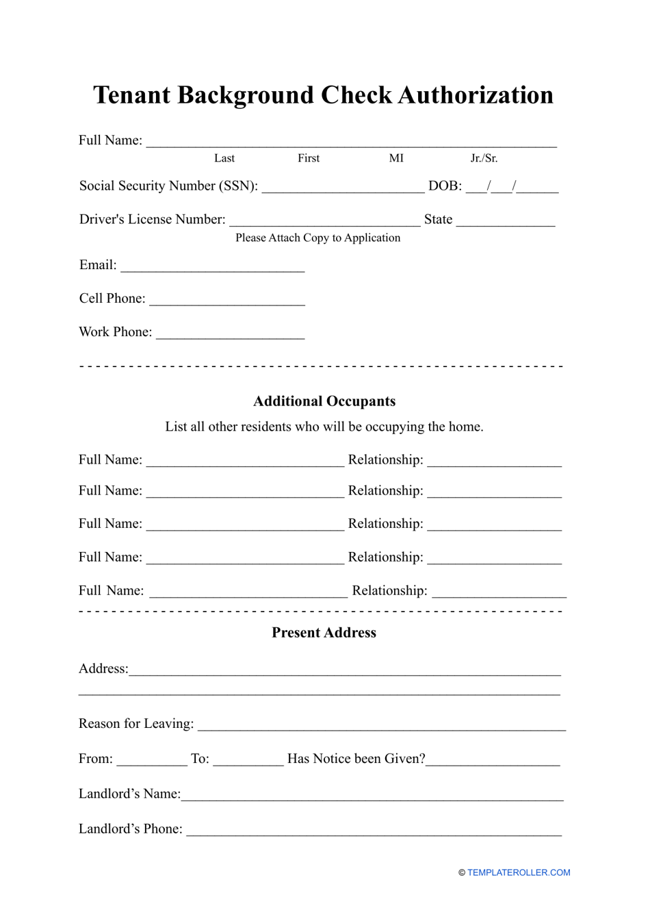Tenant Background Check Form Download Printable PDF