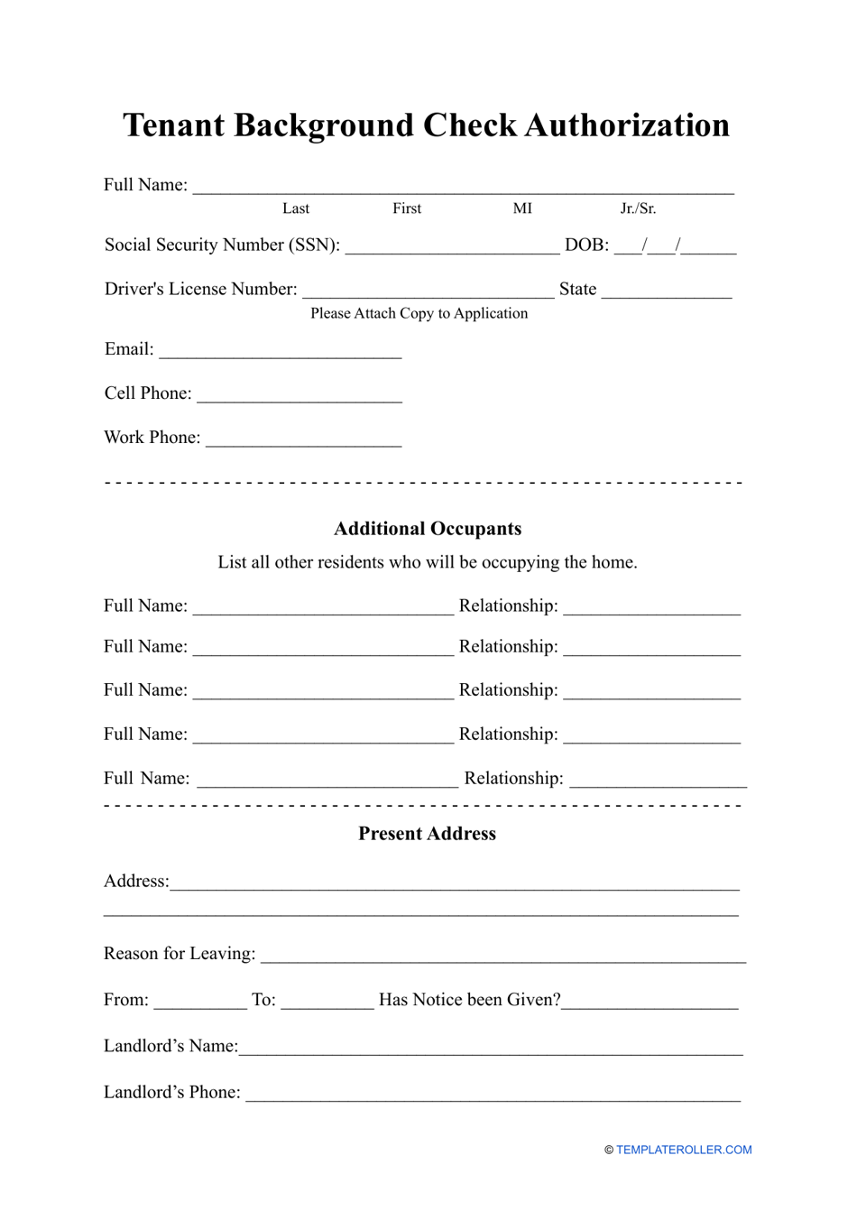 Printable Tenant Background Check Form Printable Forms Free Online