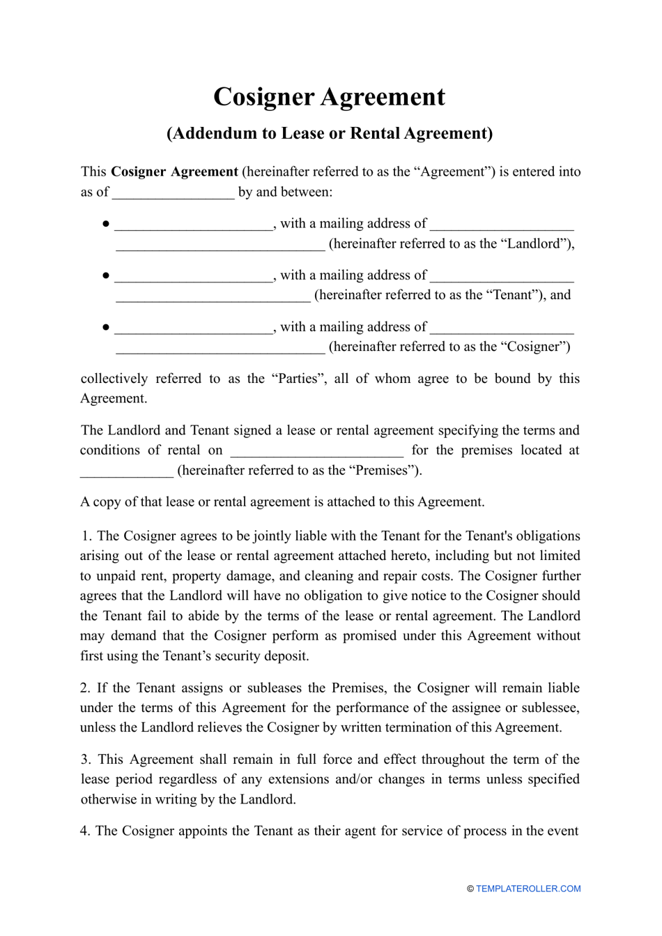 Cosigner Agreement Template, Page 1