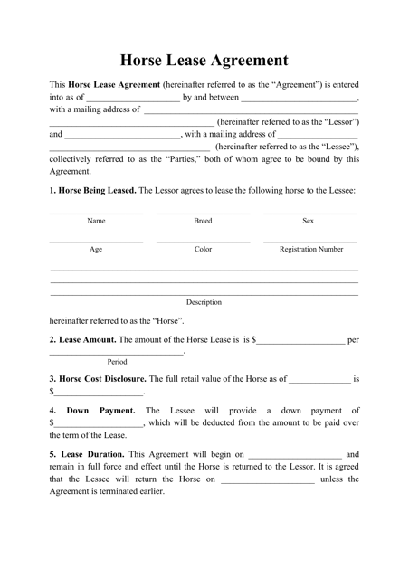 Horse Lease Agreement Template Download Pdf