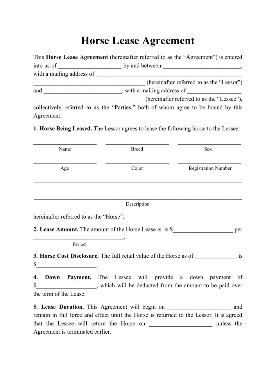 horse lease agreement template download printable pdf