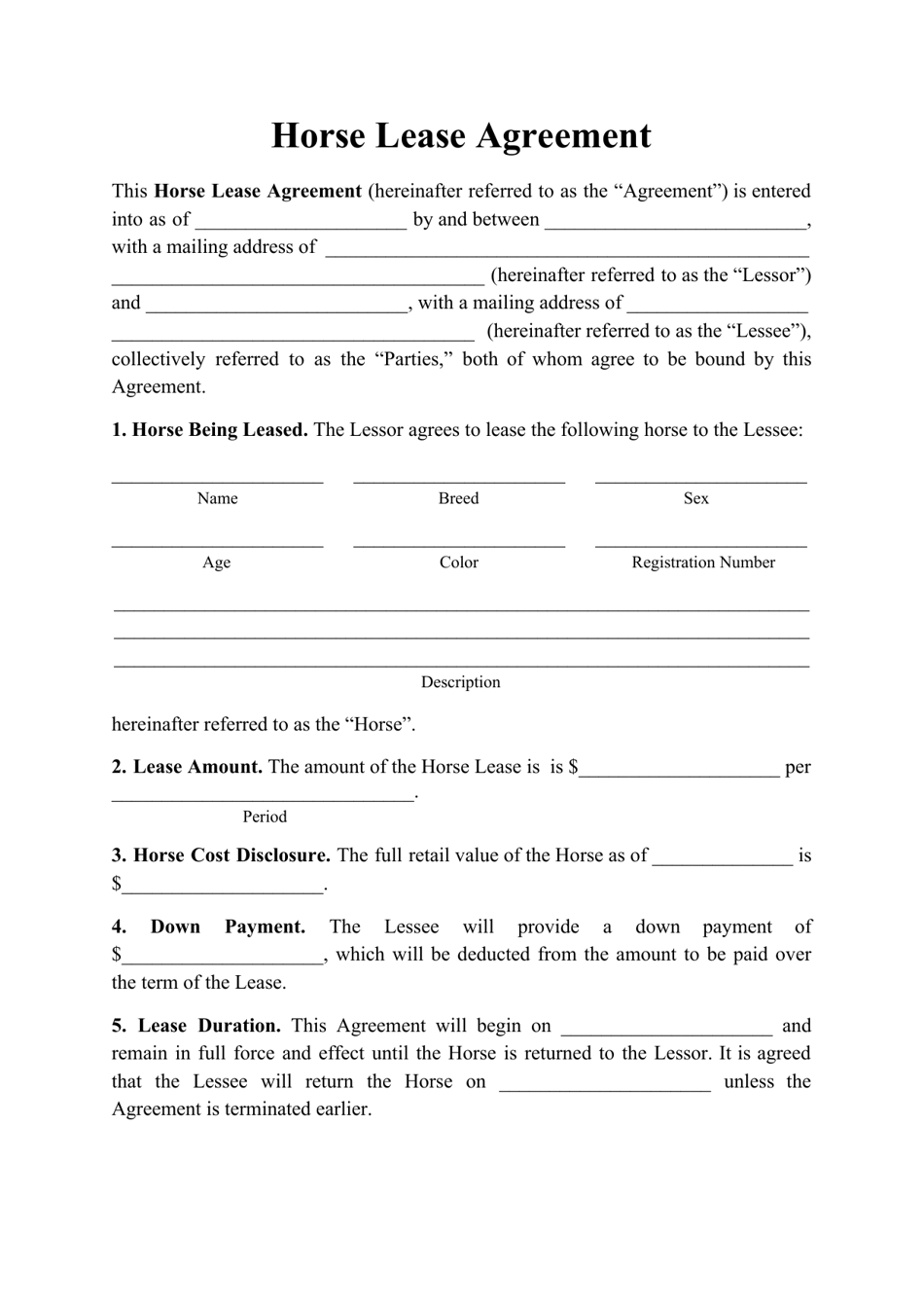 Horse Lease Agreement Template, Page 1