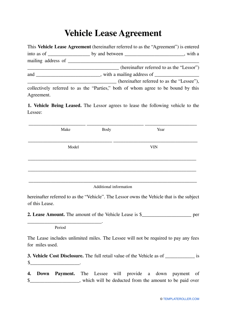 Vehicle Lease Agreement Template, Page 1