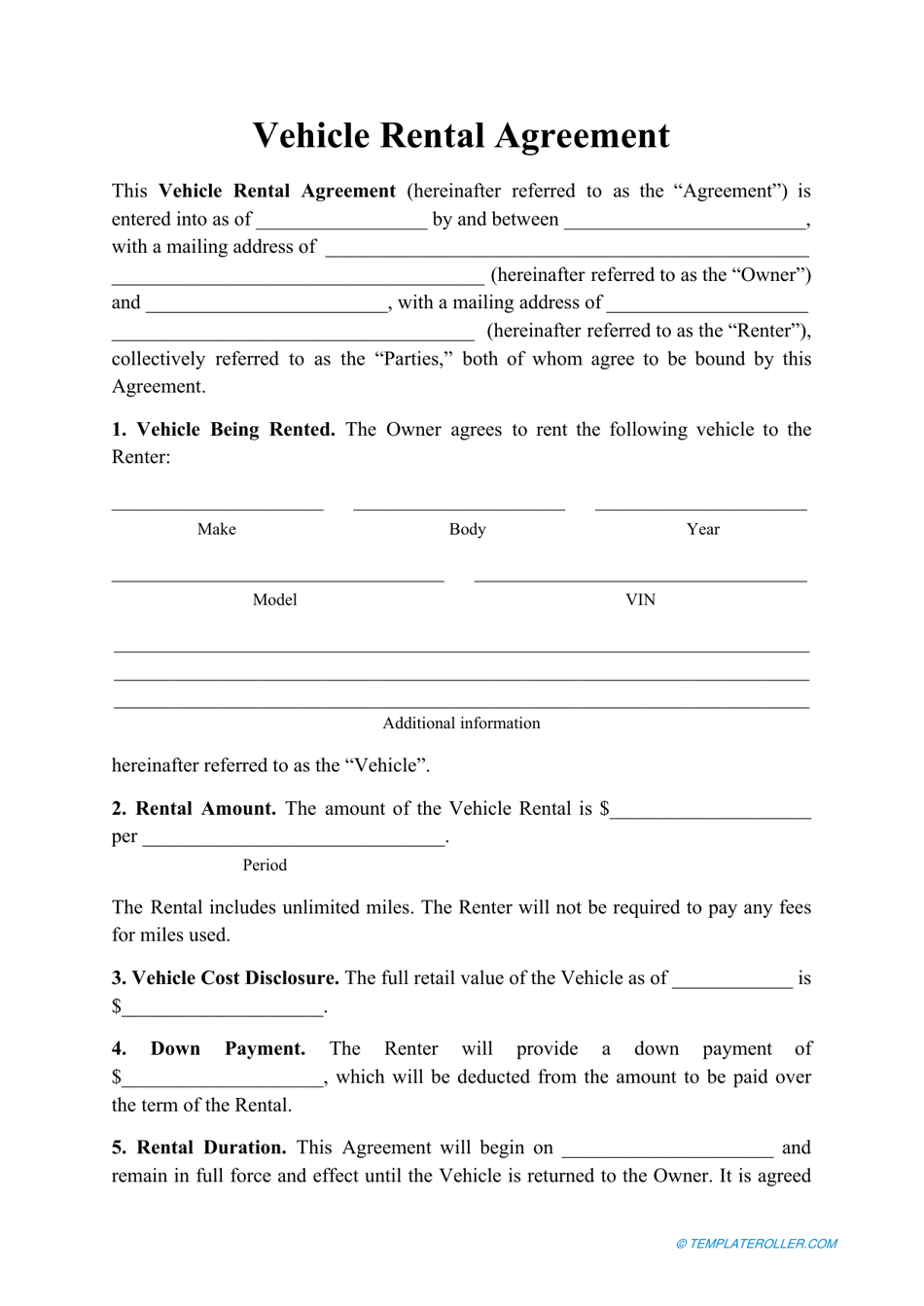 Vehicle Rental Agreement Template, Page 1