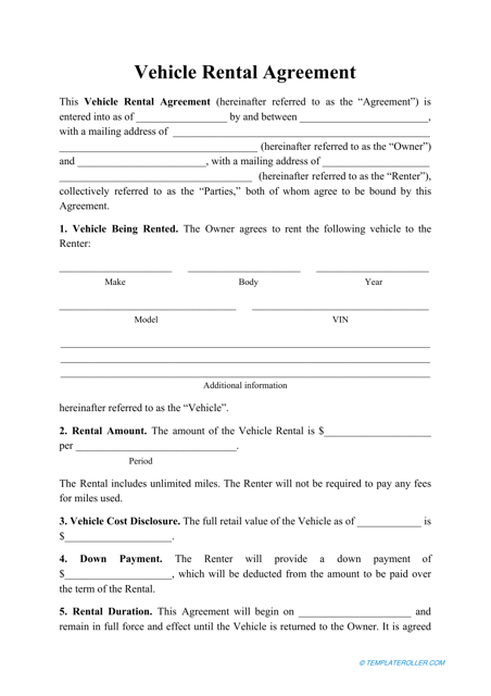 Vehicle Rental Agreement Template - Fill Out, Sign Online and Download ...