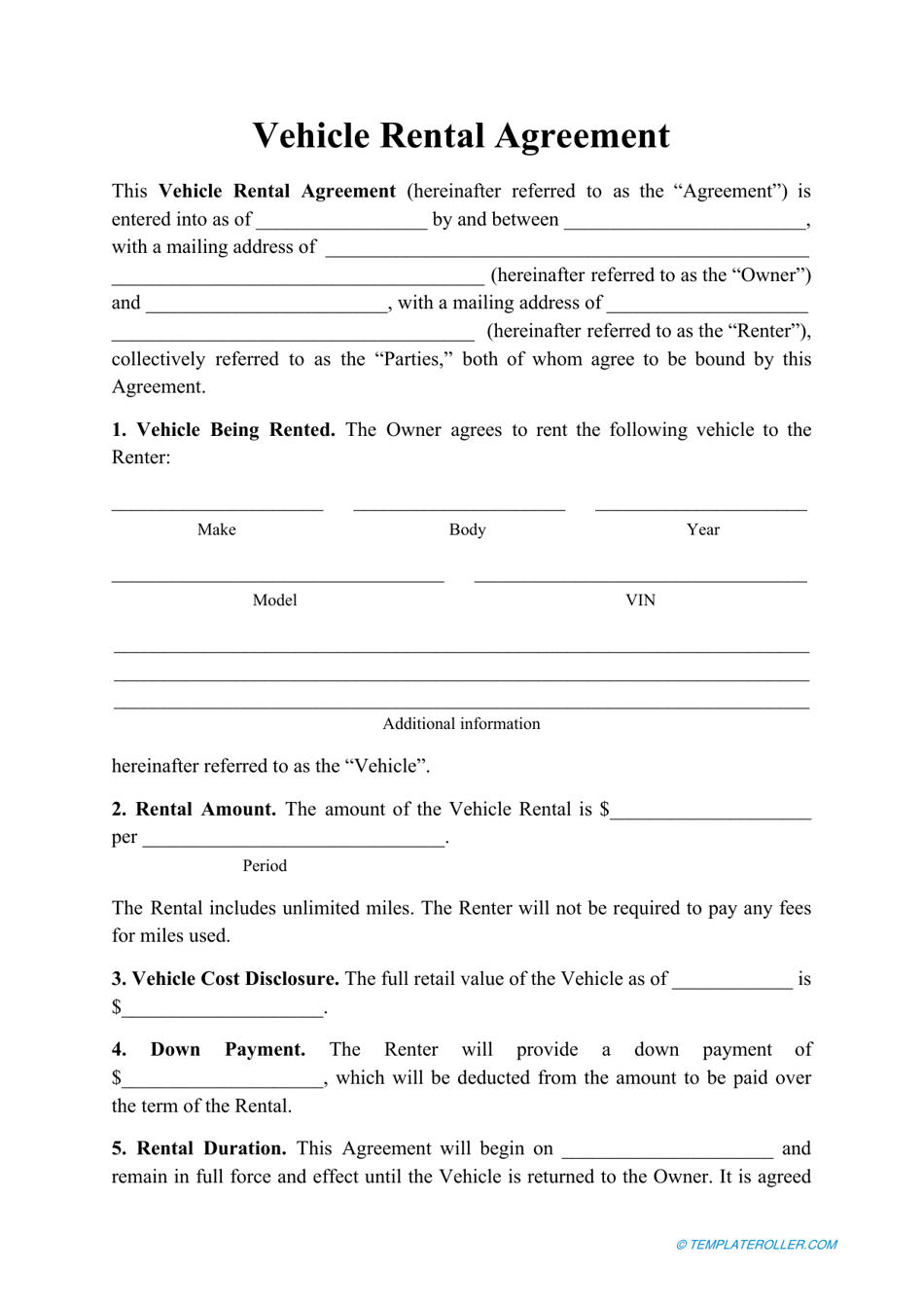 Downloadable Printable Car Rental Agreement Form