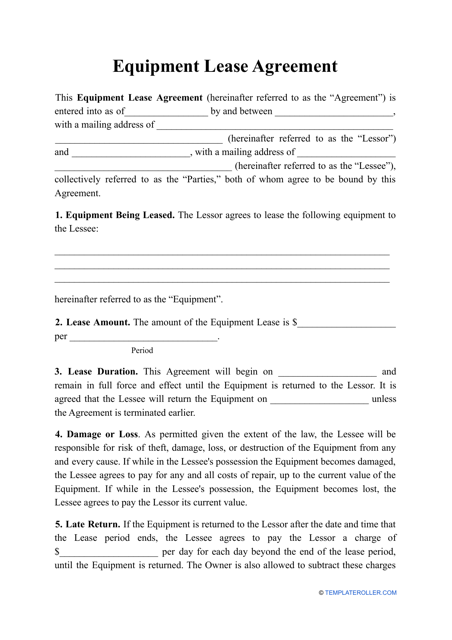 "Equipment Lease Agreement Template" Download Pdf