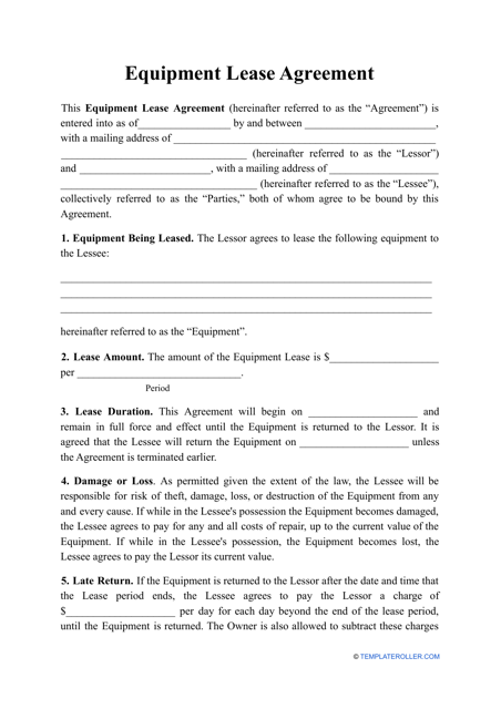 equipment lease agreement template download printable pdf