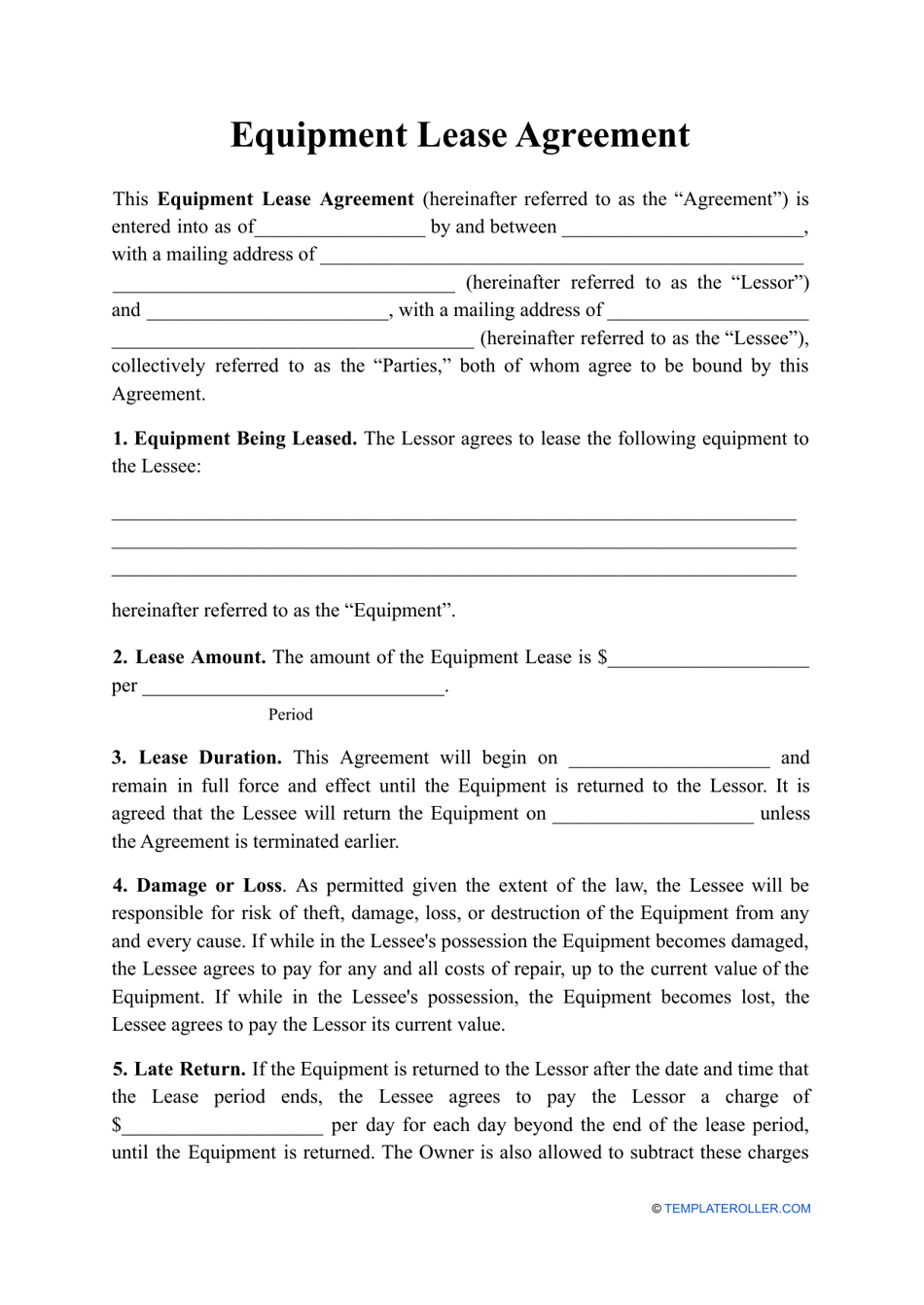 Equipment Lease Agreement Template Download Printable Pdf Templateroller
