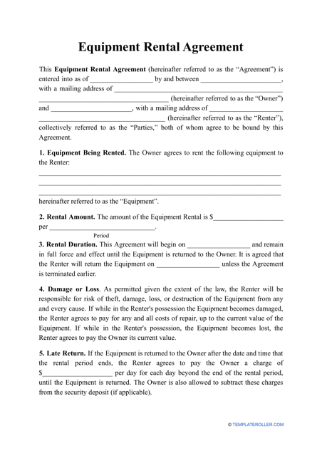 Equipment Rental Agreement Template Download Pdf