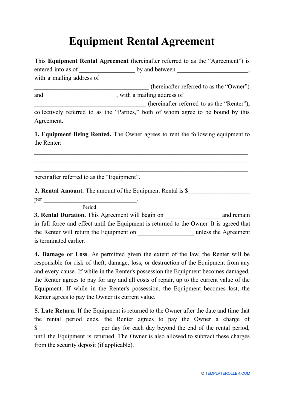 Equipment Rental Agreement Template Download Printable PDF Throughout tool rental agreement template