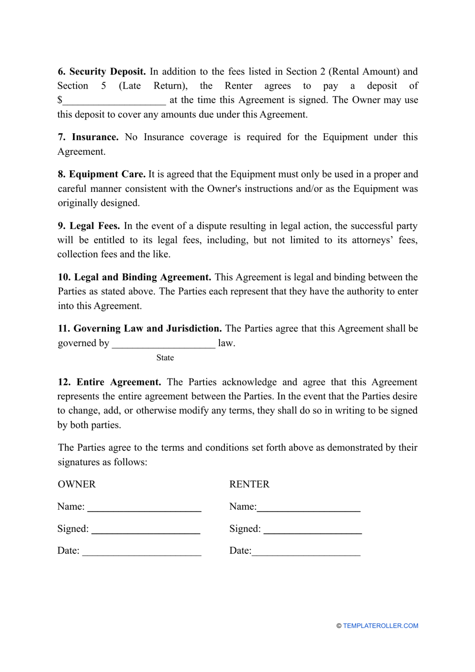 Equipment Rental Agreement Template, Page 2