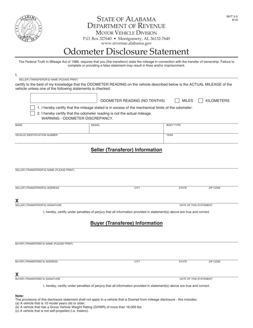 Form MVT5-5 Odometer Disclosure Statement - Alabama