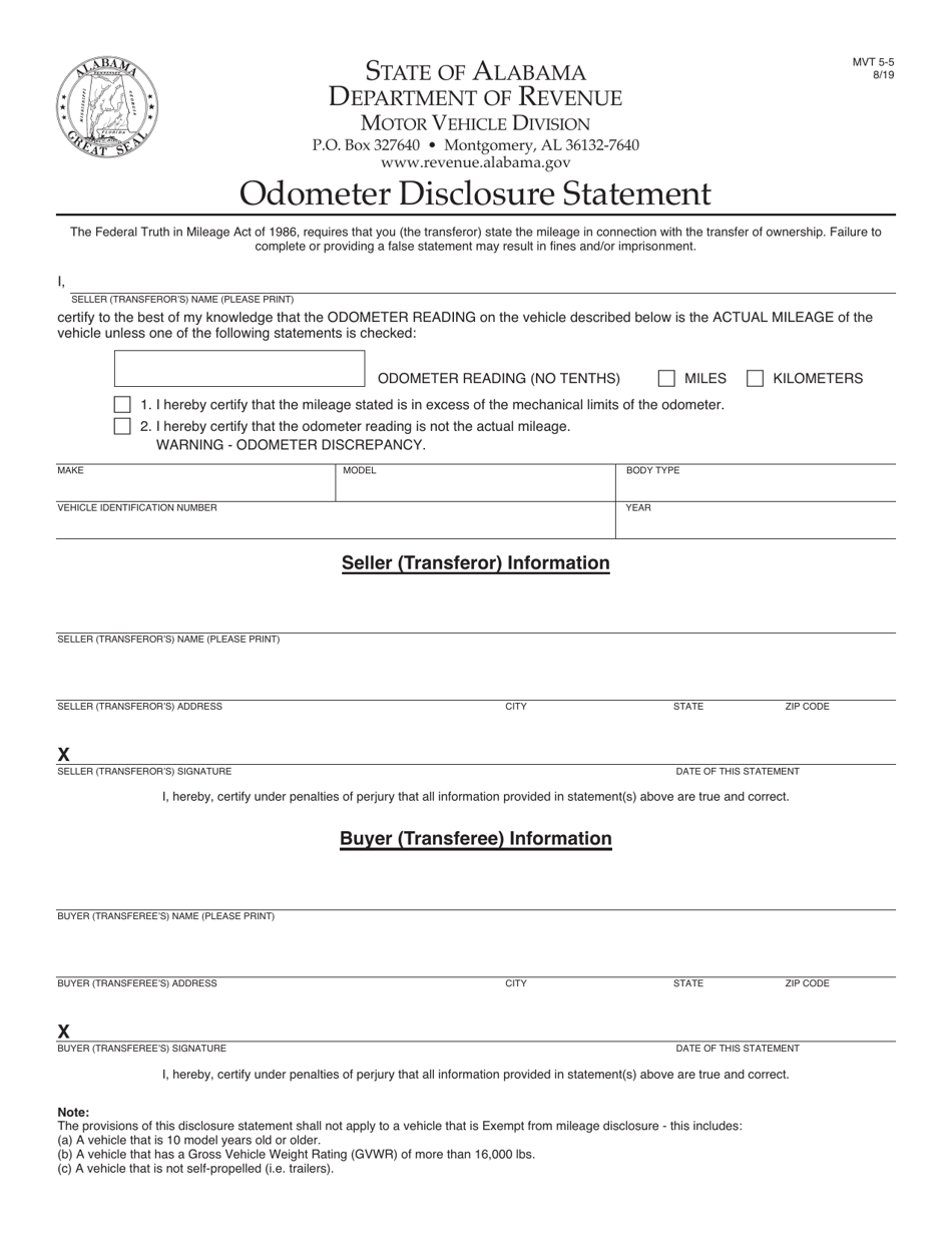 Form MVT5-5 Odometer Disclosure Statement - Alabama, Page 1