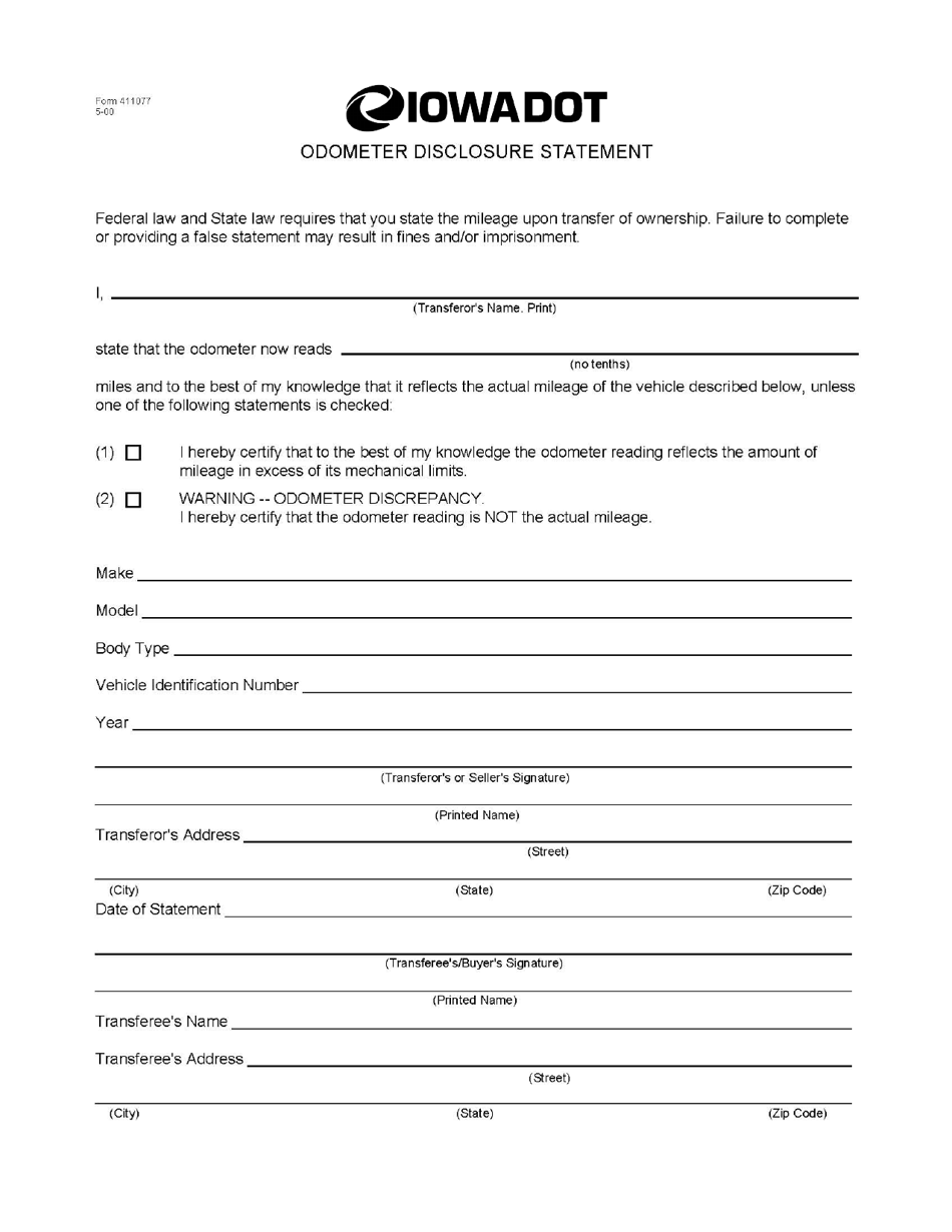 Form 411077 Odometer Disclosure Statement - Iowa, Page 1
