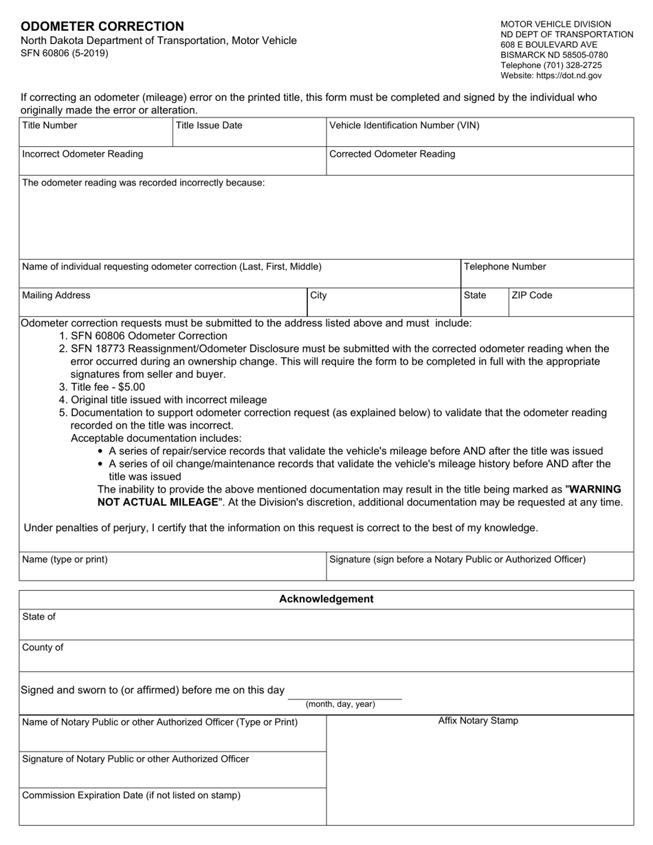 Form SFN60806 Odometer Correction - North Dakota, Page 1
