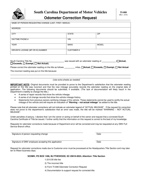 Form TI-008 Odometer Correction Request - South Carolina