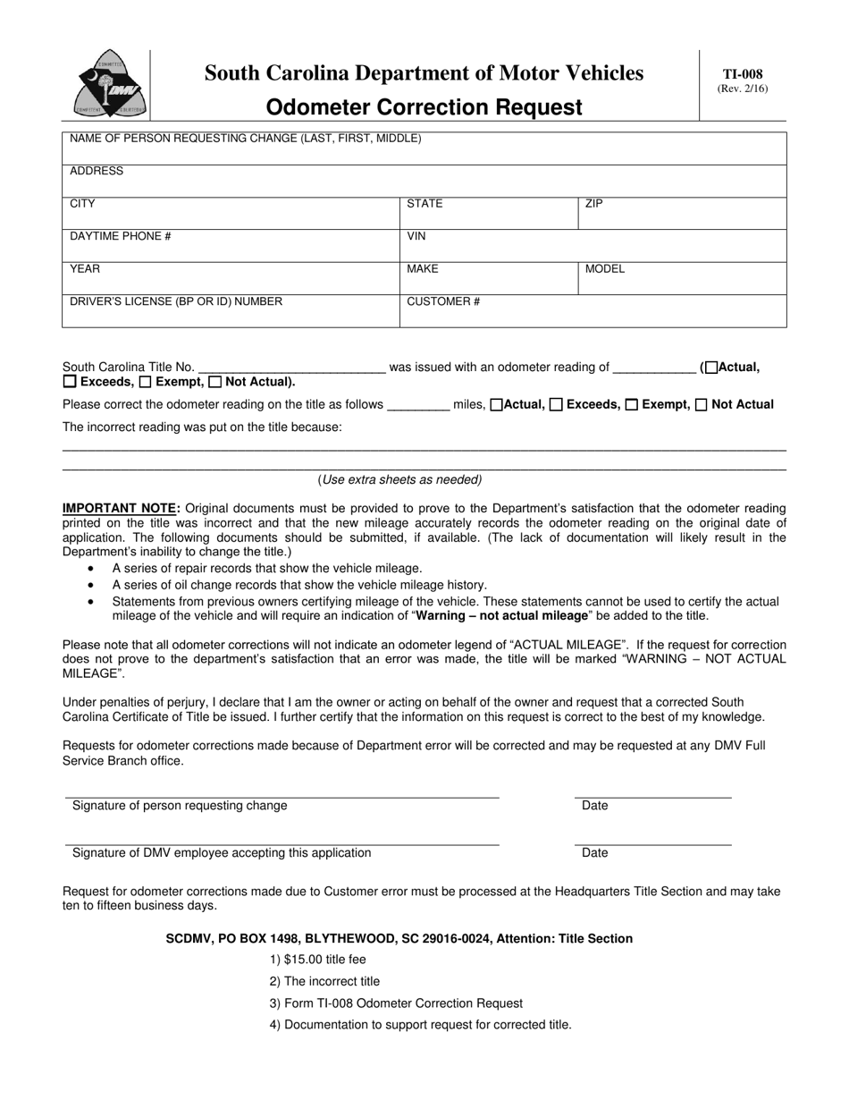 Form TI-008 Odometer Correction Request - South Carolina, Page 1