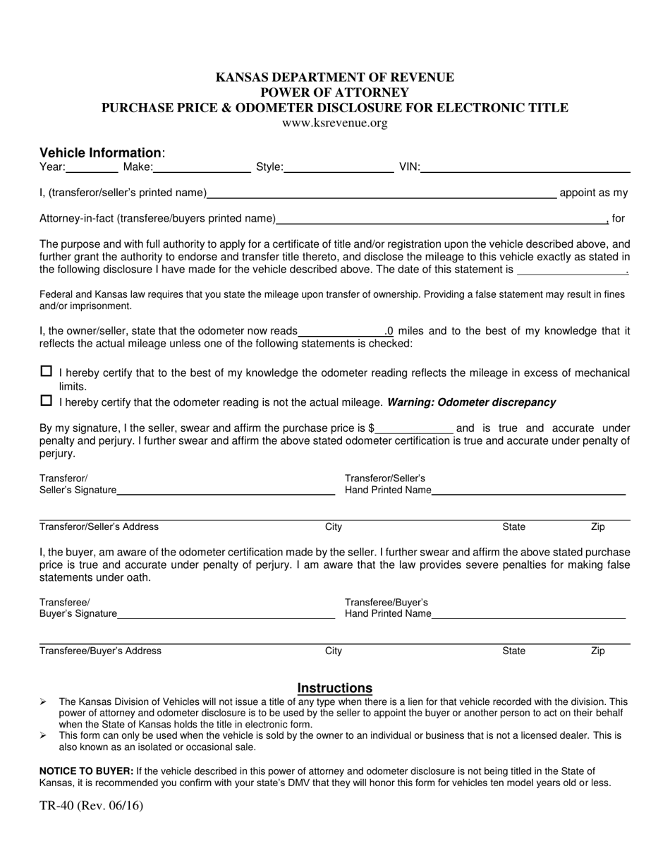 Form TR-40 Power of Attorney Purchase Price and Odometer Disclosure for Electronic Title - Kansas, Page 1