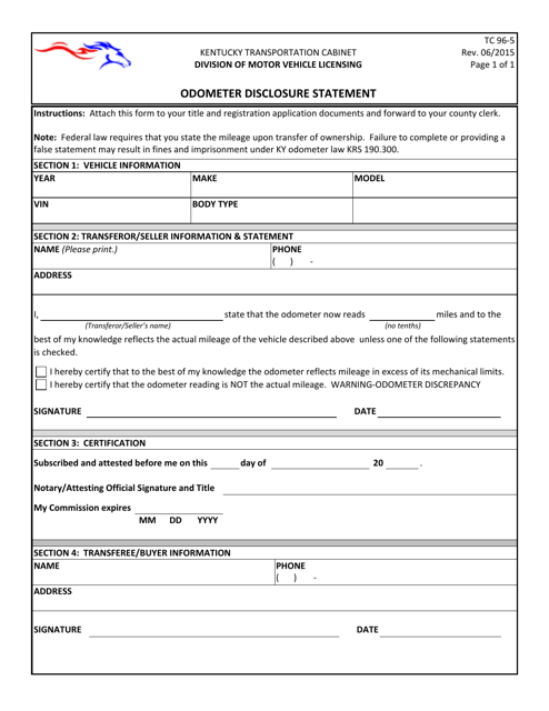 Form TC96-5 Odometer Disclosure Statement - Kentucky
