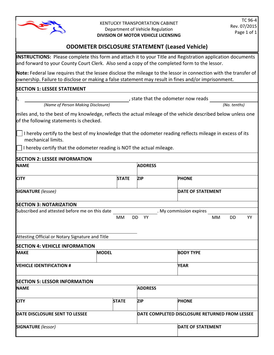 Form TC96-4 Odometer Disclosure Statement (Leased Vehicle) - Kentucky, Page 1