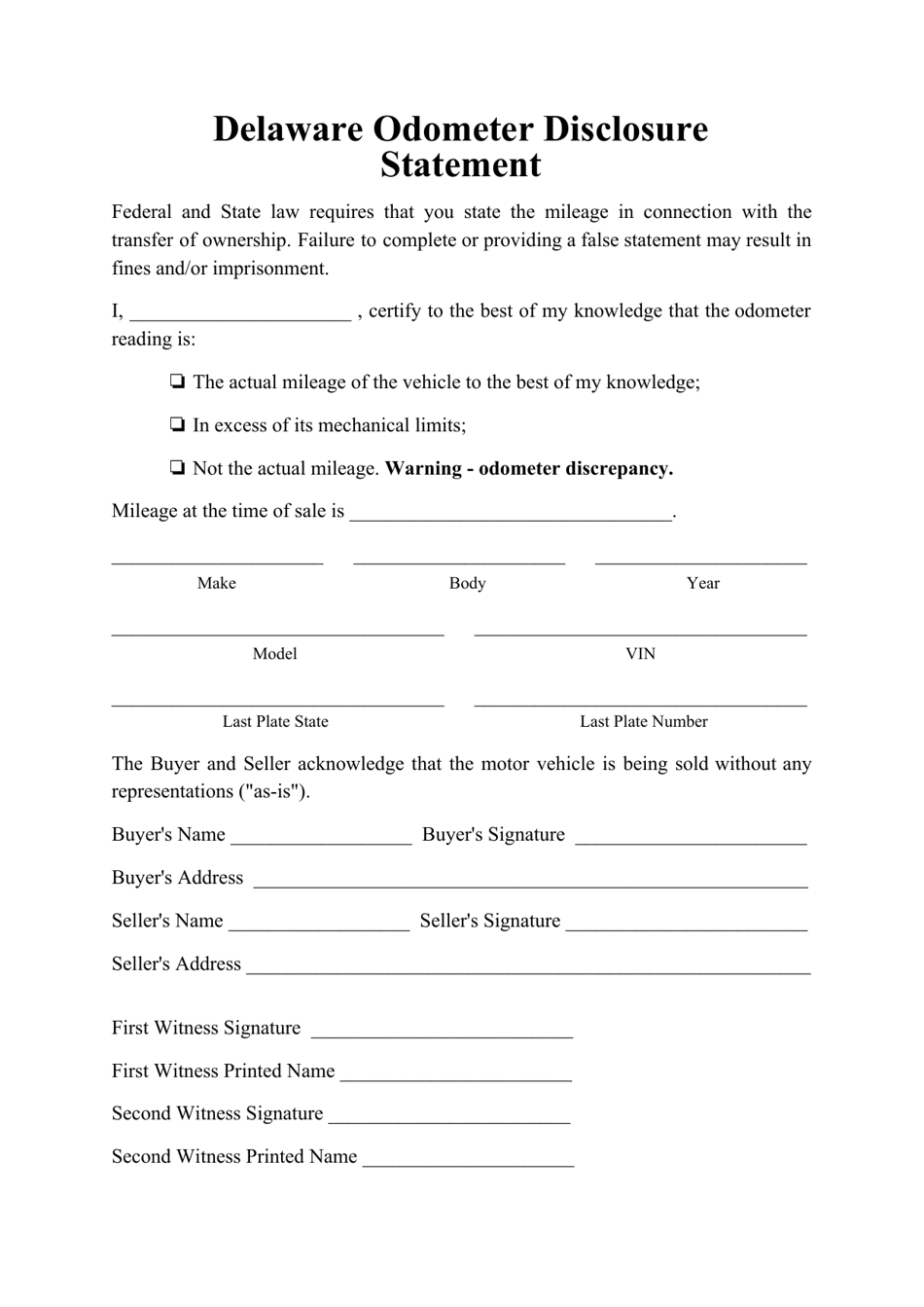 Odometer Disclosure Statement Form - Delaware, Page 1