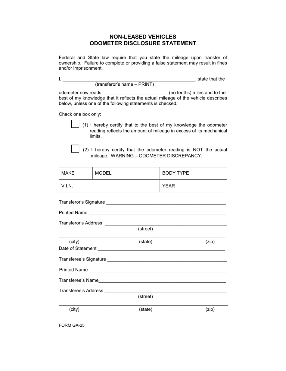 Form GA-25 Non-leased Vehicles Odometer Disclosure Statement - Georgia (United States), Page 1