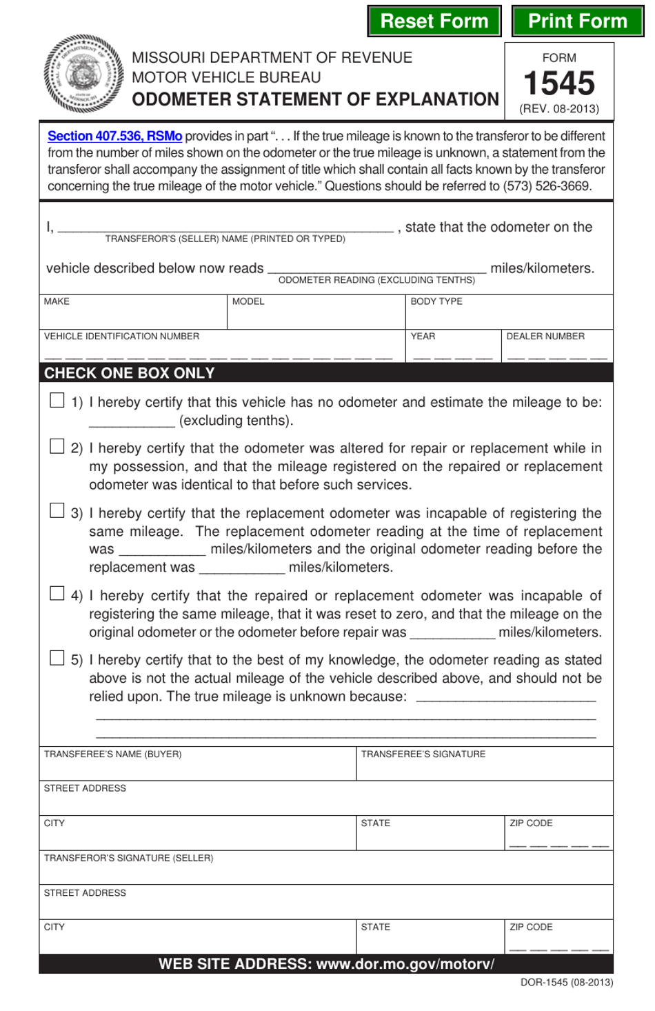 Form 1545 Odometer Statement of Explanation - Missouri, Page 1