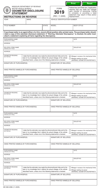 Form 3019 Odometer Disclosure Statement - Missouri