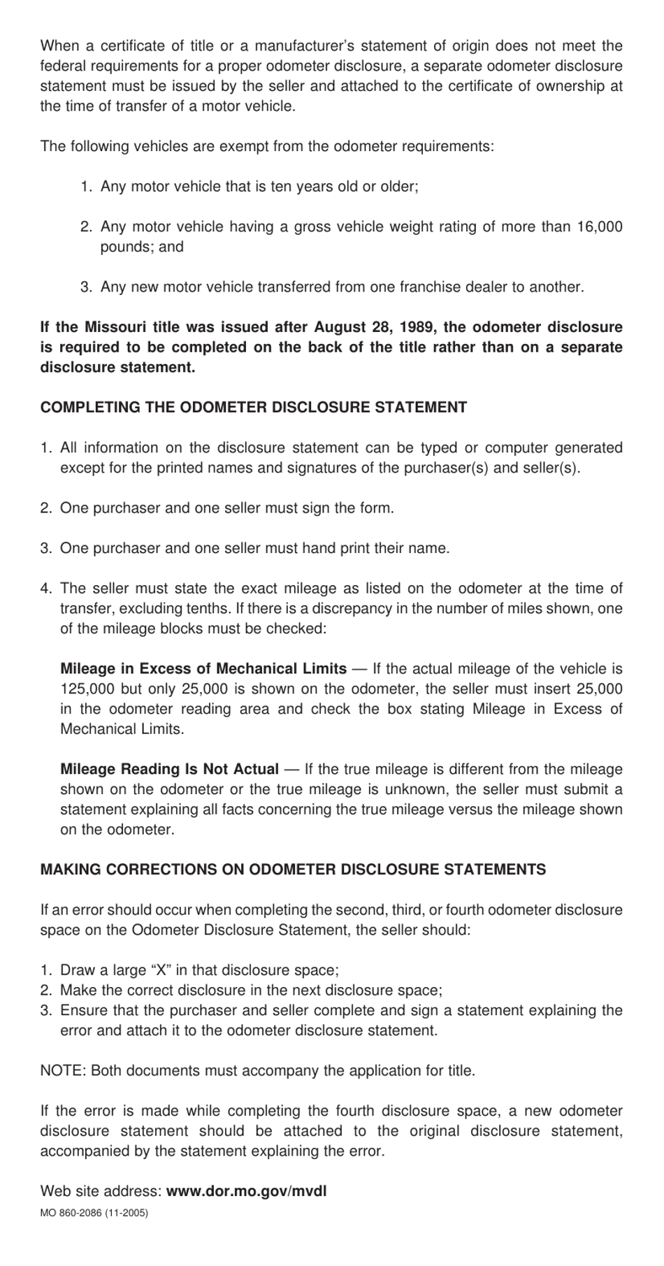 Form 3019 Odometer Disclosure Statement - Missouri, Page 2