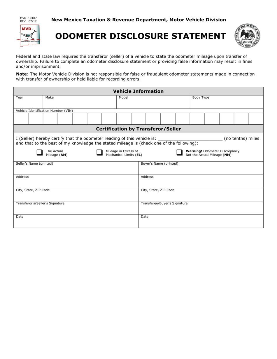 Form MVD-10187 Odometer Disclosure Statement - New Mexico, Page 1