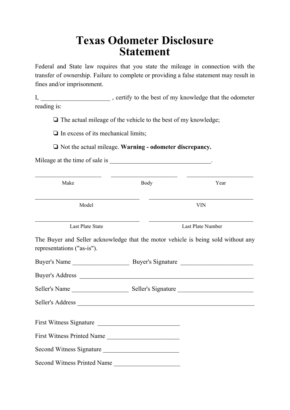 Odometer Disclosure Statement Form - Texas, Page 1