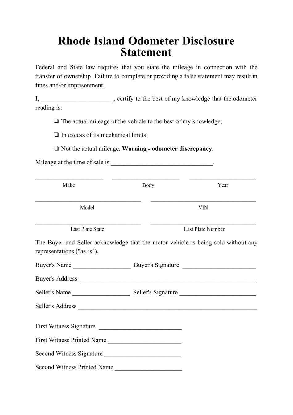 Odometer Disclosure Statement Form - Rhode Island, Page 1