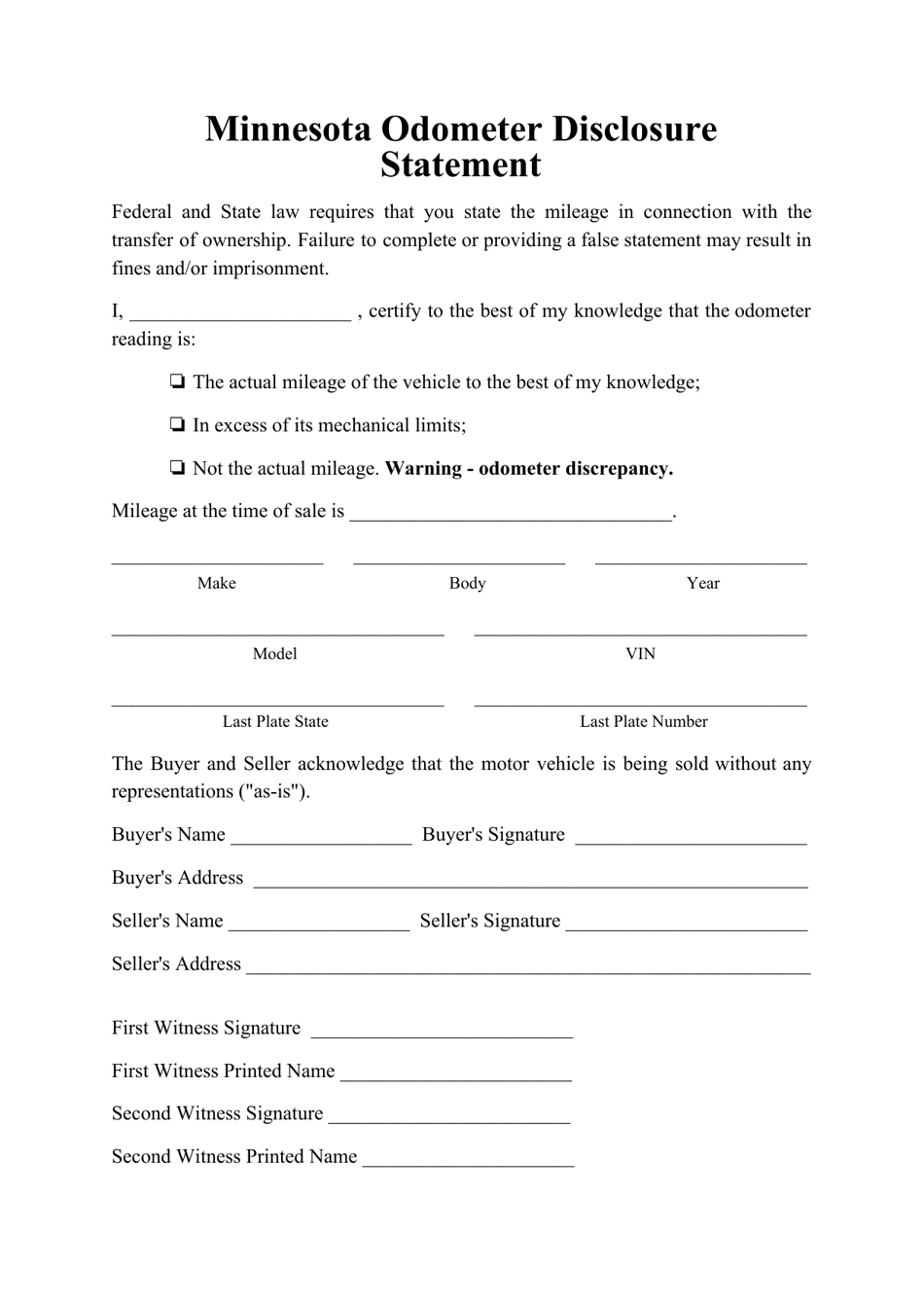Odometer Disclosure Statement Form - Minnesota, Page 1
