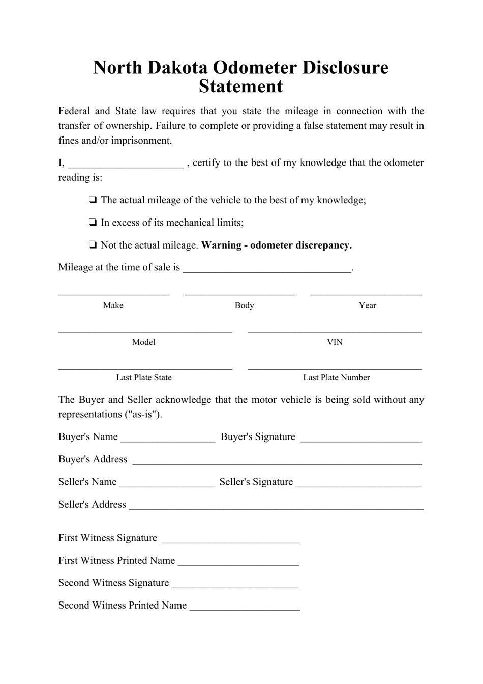 Odometer Disclosure Statement Form - North Dakota, Page 1