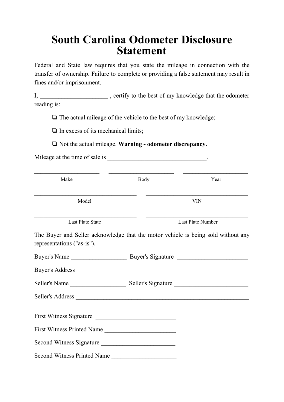 Odometer Disclosure Statement Form - South Carolina, Page 1