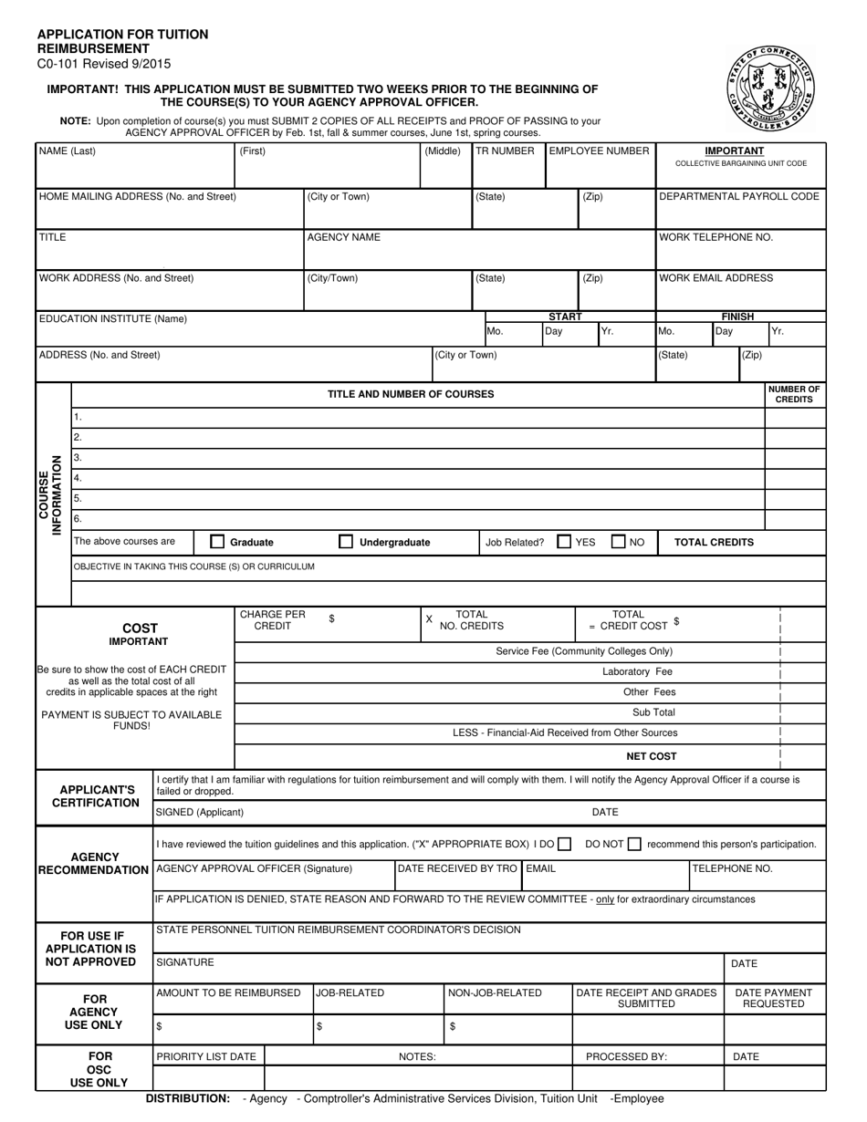 Form CO-101 Application for Tuition Reimbursement - Connecticut, Page 1