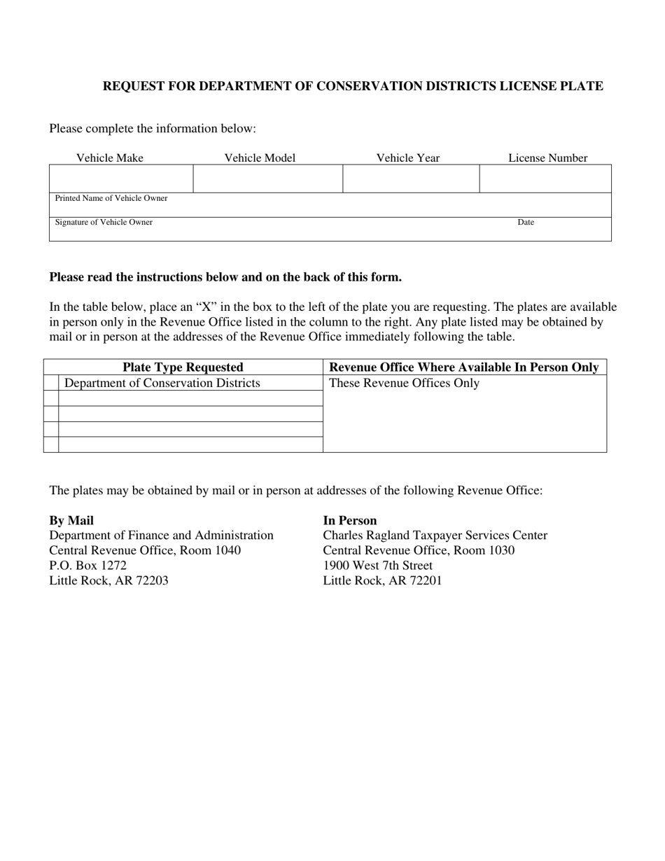 Request for Department of Conservation Districts License Plate - Arkansas, Page 1