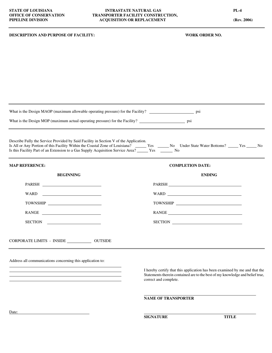 Form PL-4 Application for Construction, Acquistion or Replacement of Facilities - Louisiana, Page 1