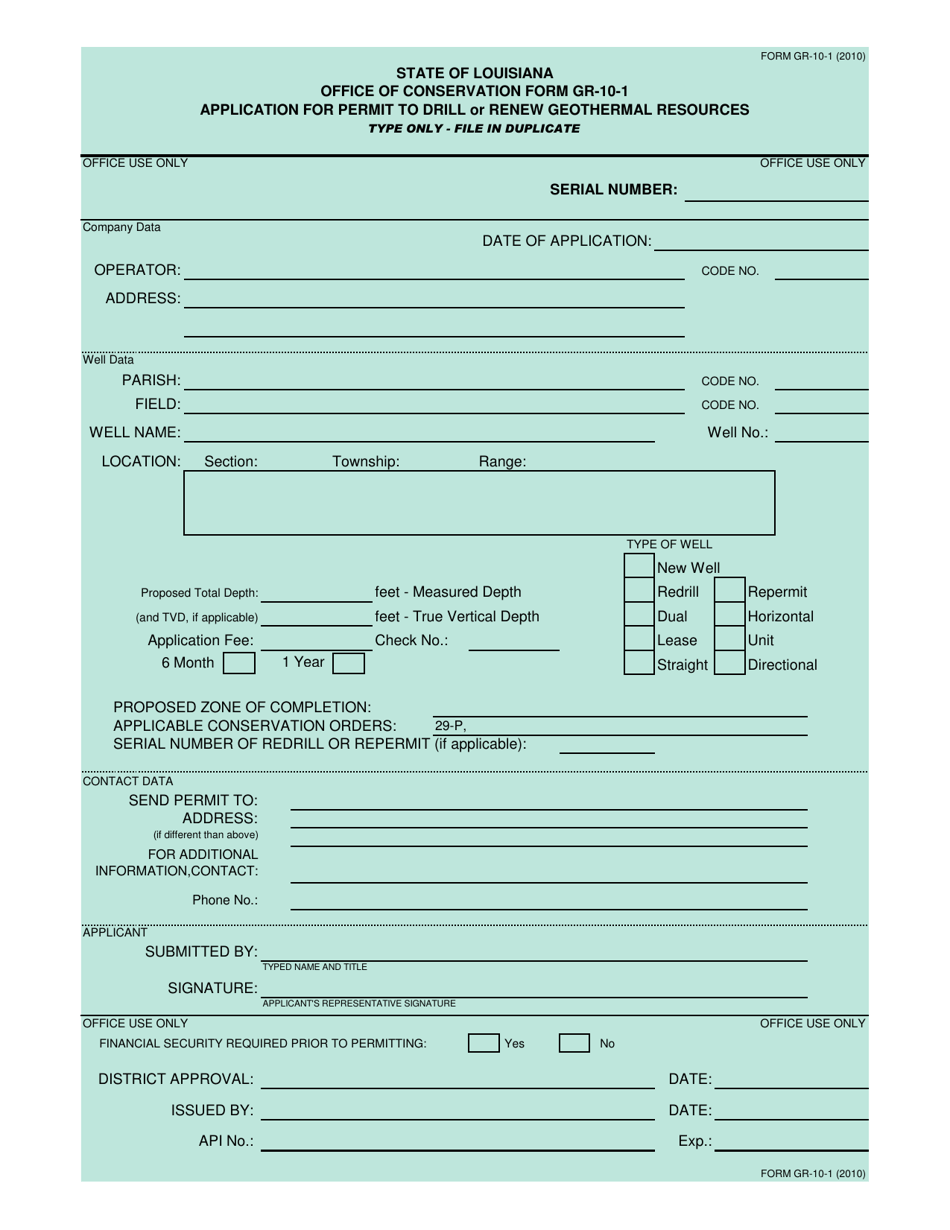 Form GR-10-1 Application for Permit to Drill or Renew Geothermal Resources - Louisiana, Page 1