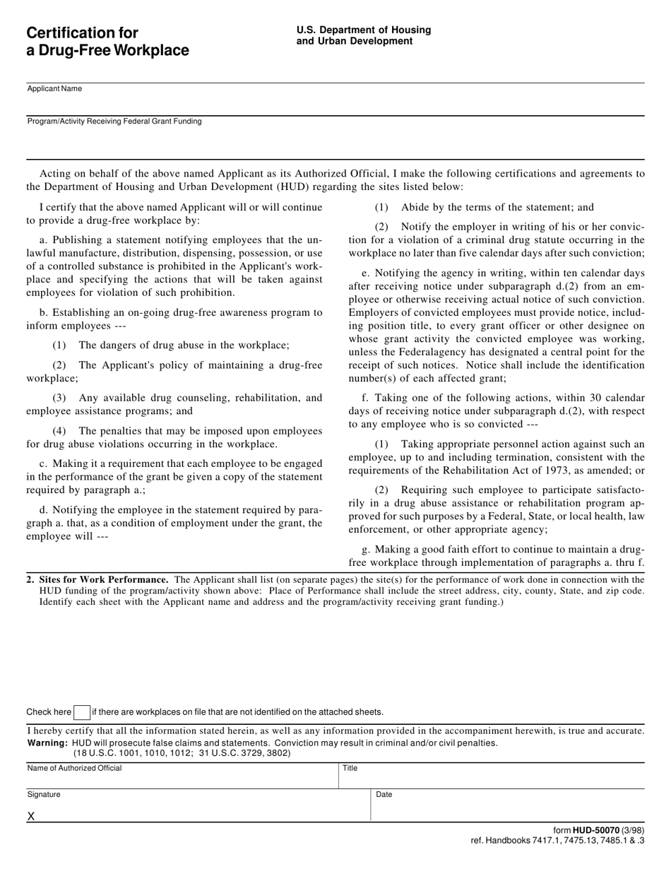 Form HUD-50070 Certification for a Drug-Free Workplace, Page 1
