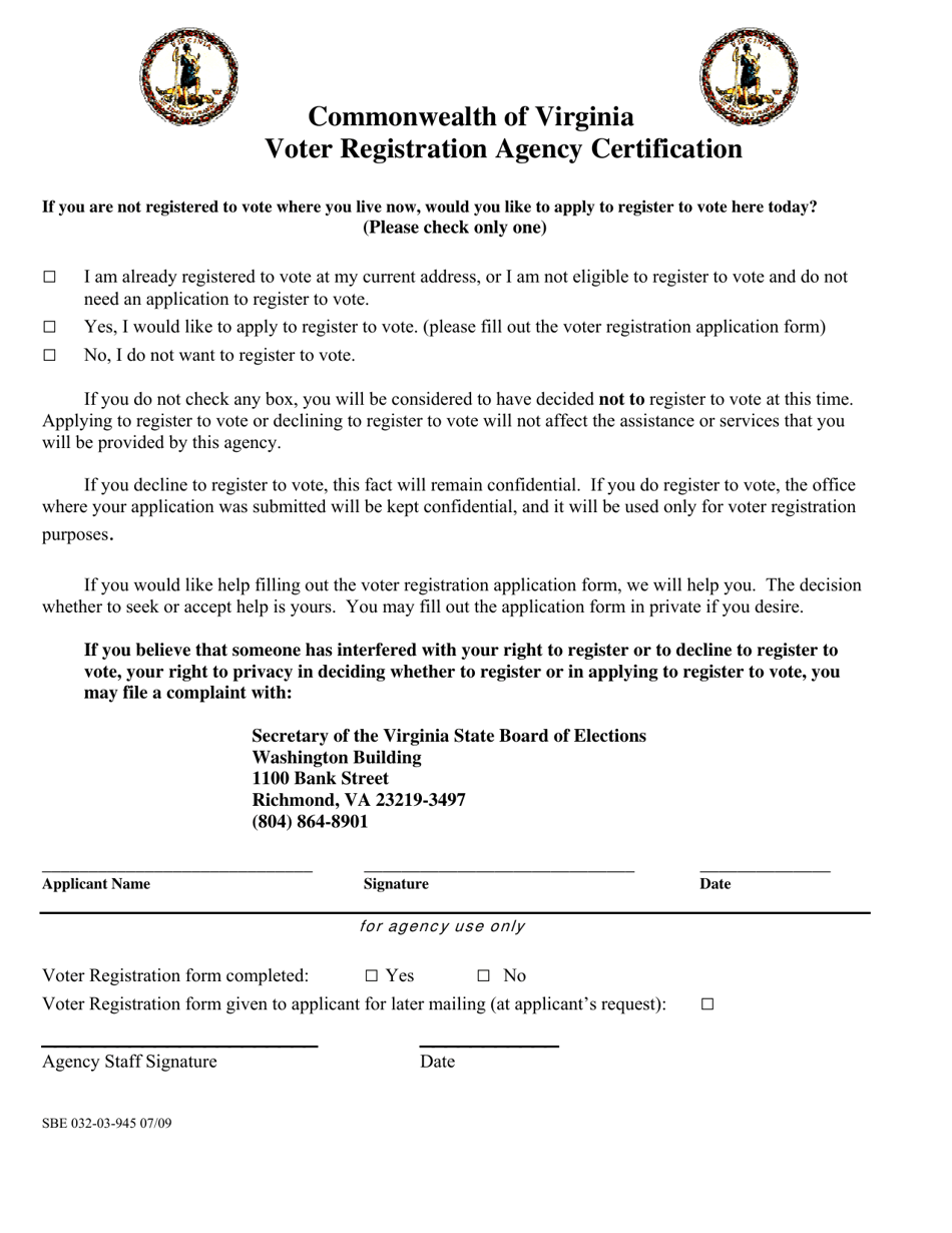 Form SBE032-03-945 Voter Registration Agency Certification - Virginia, Page 1