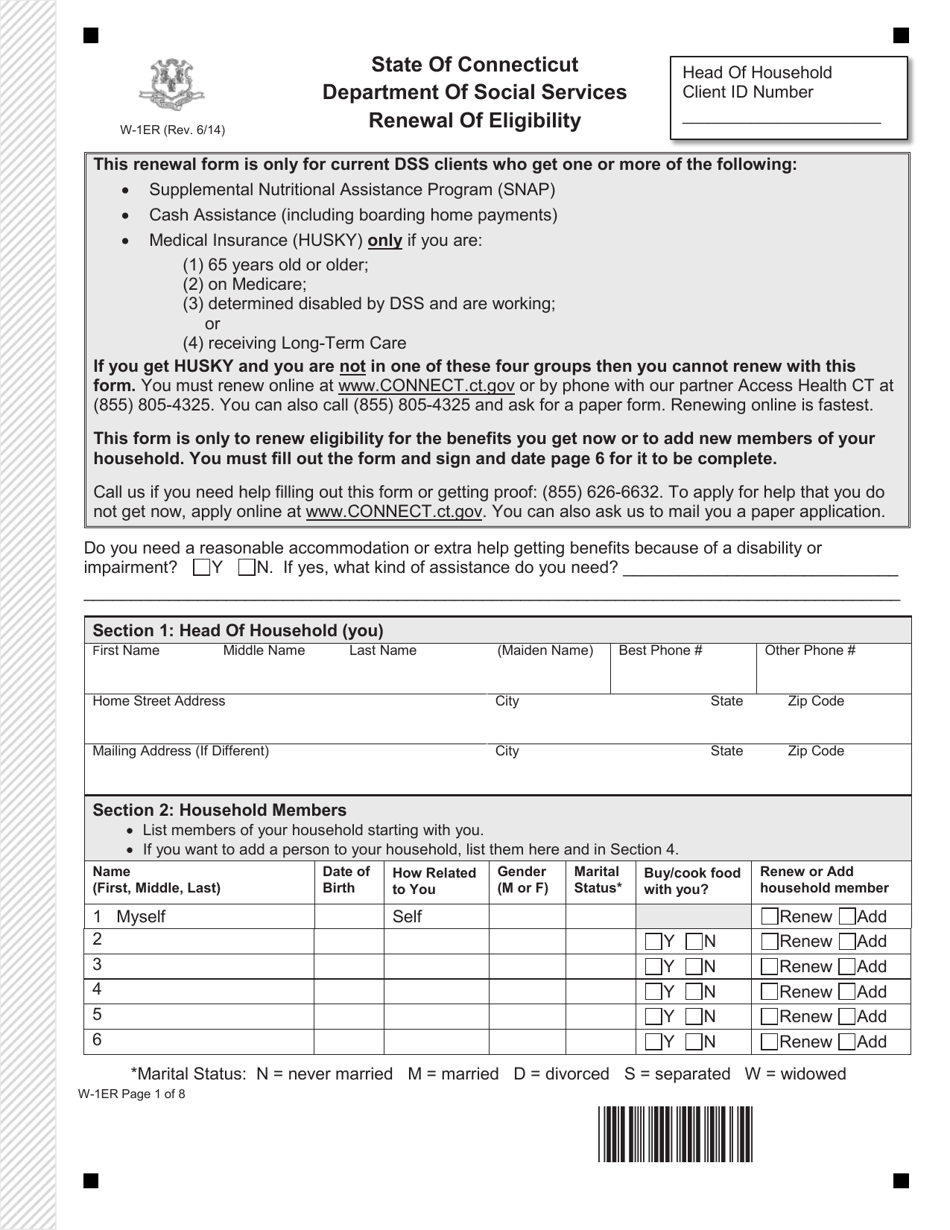 Form W-1ER Renewal of Eligibility - Connecticut, Page 1