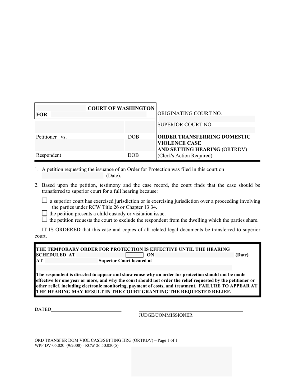 Form WPF DV-05.020 Order Transferring Domestic Violence Case and Setting Hearing - Washington, Page 1