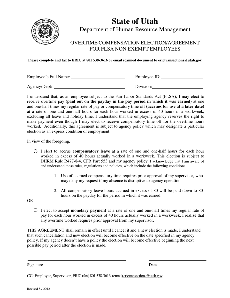 Overtime Compensation Election / Agreement for Flsa Non Exempt Employees - Utah, Page 1